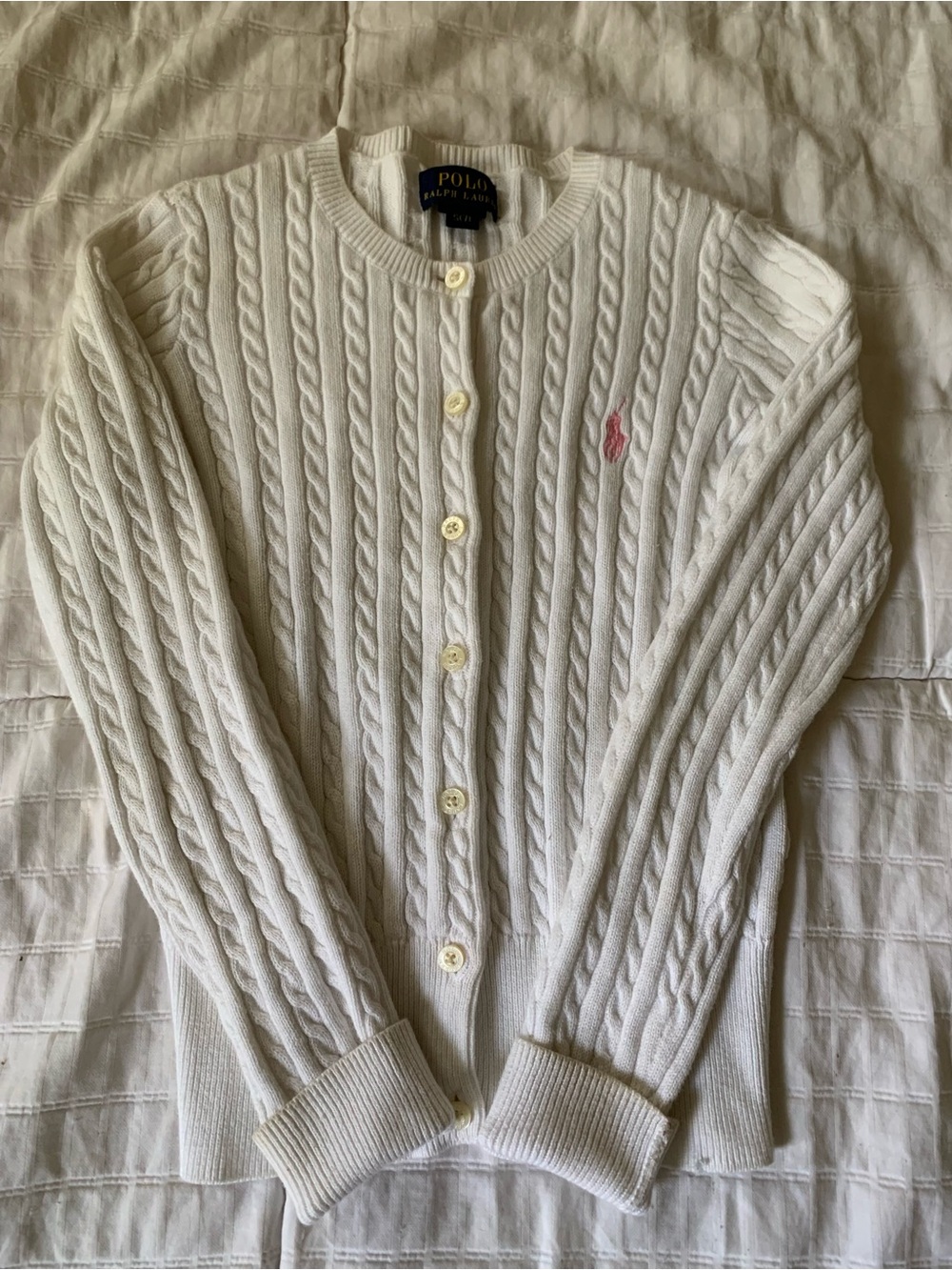Polo by Ralph Lauren White Cable-Knit Cardigan with Pink Pony